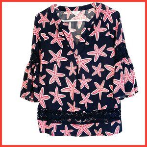 Crown & Ivy Starfish Rayon Top, Size PP, Rayon and Lace; Belled Sleeves
